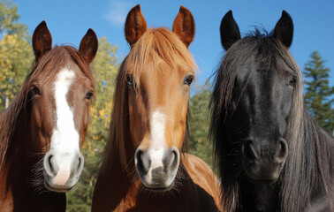 Fototapeta premium Three horses of same colors stand together one brown with white on its forehead