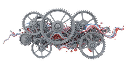 Gears and colorful swirls create dynamic motion effect isolated on transparent bg, cutout png