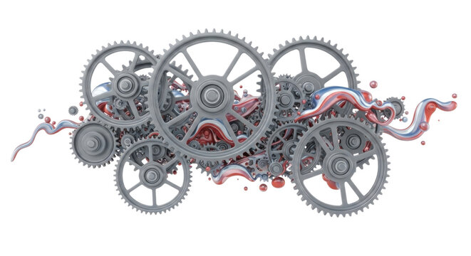 Gears and colorful swirls create dynamic motion effect isolated on transparent bg, cutout png