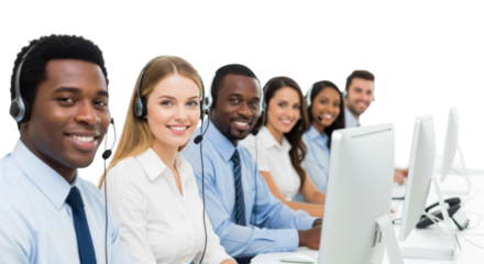 Call center team working together in a bright space, providing customer support, cutout png, isolated on transparent bg