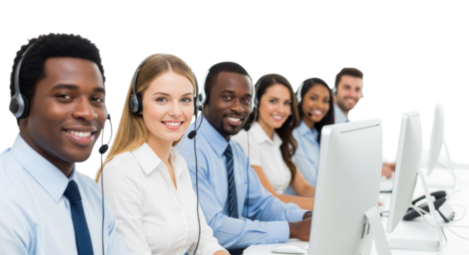 Call center team working together in a bright space, providing customer support, cutout png, isolated on transparent bg