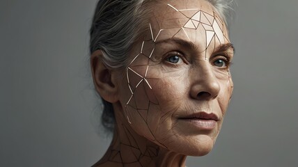 conceptual artwork Elderly woman with geometric face patterns