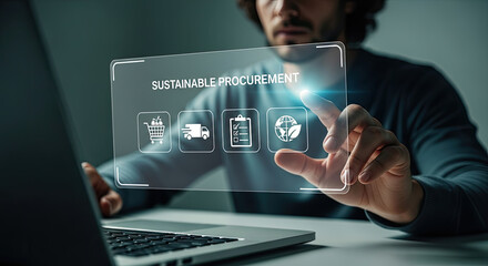 Sustainable Procurement on Digital Interface: Man Interacting with Futuristic Tech for Eco-Friendly Supply Chain Management and Ethical Sourcing