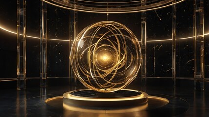 conceptual artwork Golden abstract spherical structure in dark setting.