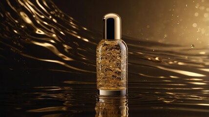 conceptual artwork Luxurious golden bottle on liquid surface.