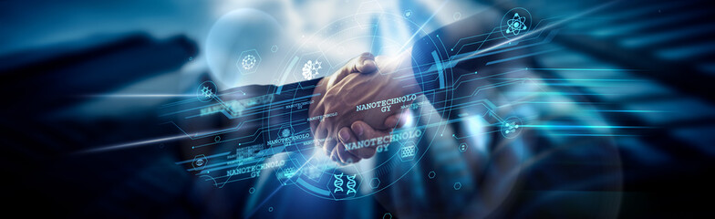 Nanotechnology concept, molecular innovation, handshake of global network connection advancing medicine, energy, computing, precision, particles, and science.