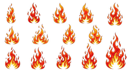 Different styles of flame graphics with various shapes and sizes isolated on transparent bg, cutout png