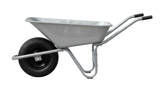 Metal wheelbarrow with black tire and silver body isolated on transparent bg, cutout png