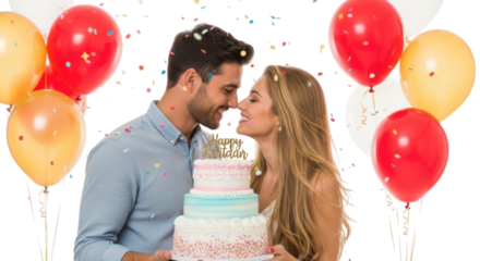 Couple celebrating a joyful birthday with a colorful cake and balloons cutout, isolated on transparent bg, cutout png