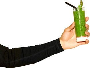 Green power for health. Male hand in activewear holding green detox smoothie on transparent...