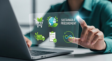 Sustainable Procurement on Digital Interface with Hand Touching Screen, Eco-Friendly Business, Green Supply Chain Management, ESG, Corporate Social Responsibility