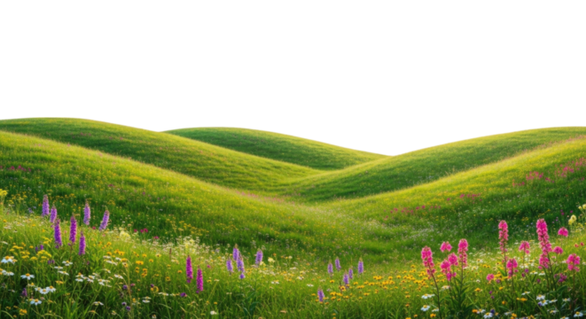Rolling green hills with vibrant wildflowers in a serene setting cutout isolated on transparent bg, cutout png