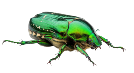 Bright green beetle walking on a white surface, cutout png isolated on transparent bg
