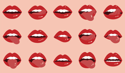 Vector Illustration of Red Lips with Different Expressions on a Pink Background