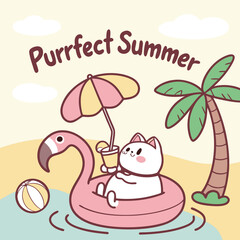 Naklejka premium Adorable Cat on Flamingo Float, Tropical Beach Scene, Summer Fun, Kawaii Style Illustration