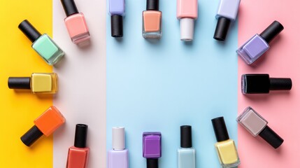 Obraz premium Pastel nail polish bottles arranged on a multi-colored pastel background