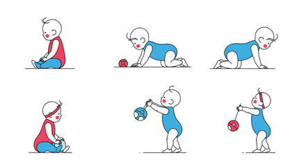 Stages of baby development and milestones in growth illustrating childhood progression and early learning experiences