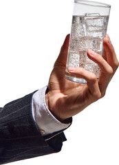 Male hand in formal suit gently holds tall glass filled with sparkling water and ice cubes on...