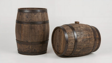 Fototapeta premium Pair of Aged Wooden Barrels, One Standing Upright