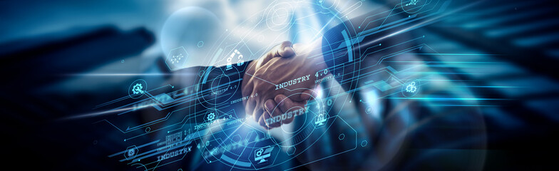 Industry 4.0 concept, smart automation, handshake of global network connection driving IoT, robotics, AI, analytics, connectivity, production, control.