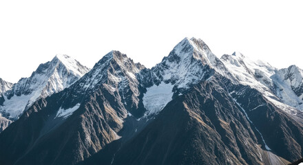 Obraz premium Majestic snow-capped mountains against a clear white background isolated on transparent bg, cutout png