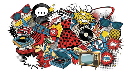Colorful retro pop art collage featuring music, fashion, and playful elements cutout isolated on transparent bg, cutout png