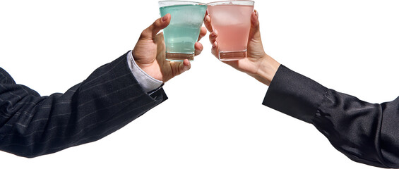Clarity and chill. Connection through drinks. Male and female hands holding crystal-clear drinks...