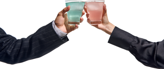 Clarity and chill. Connection through drinks. Male and female hands holding crystal-clear drinks with ice and distinct hues on transparent background. Concept of celebration, success, nightlife.