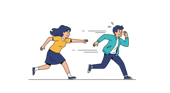 Woman chasing man with determined expression and man running away in fear with startled look