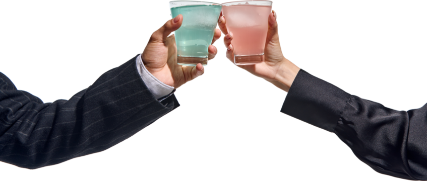 Clarity and chill. Connection through drinks. Male and female hands holding crystal-clear drinks with ice and distinct hues on transparent background. Concept of celebration, success, nightlife. - Powered by Adobe