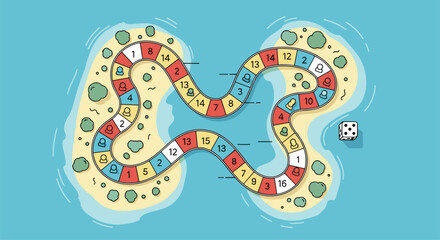 Obraz premium A colorful island adventure board game with numbered spaces and dice for outdoor family fun