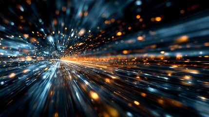 Abstract data stream explodes in light; technology races toward future and information speeds through fiber optics