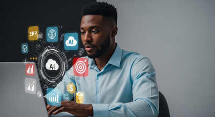 AI-Powered Business Solutions: Young African Businessman Using Laptop with AI Interface for Data Analysis, Automation, and ERP Integration for Success
