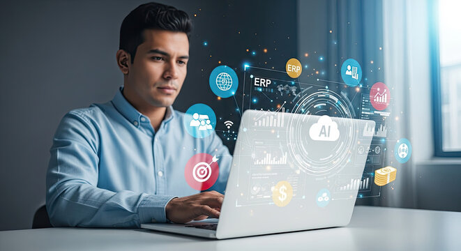 Man Analyzing Business Data with AI on Laptop: Enterprise Resource Planning, Financial Growth, and Modern Technology for Success in Business World