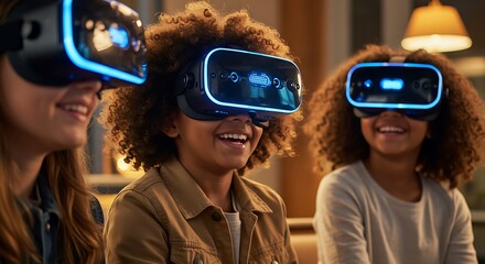 Young children experiencing virtual reality gaming smiling and engaged in a modern technological experience
