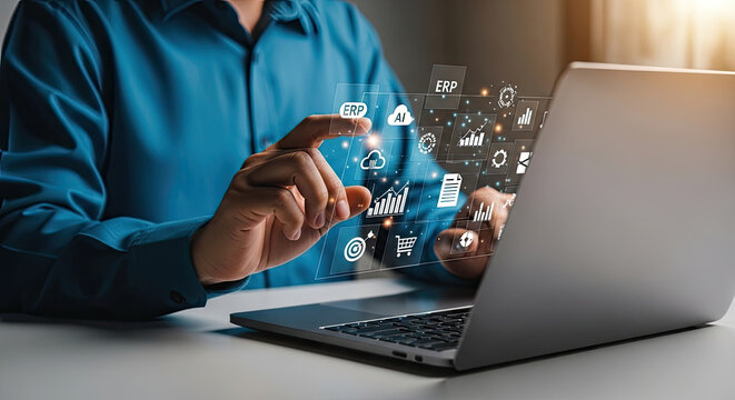 Innovative ERP System: Man Interacting with Digital Interface on Laptop for Business Intelligence and Automation Solutions, Streamlining Operations