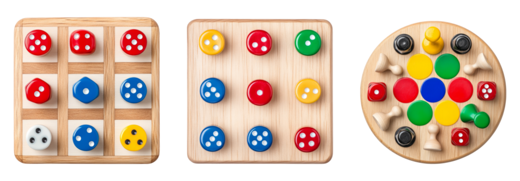 Colorful Game Pieces and Boards Isolated on a Transparent Background