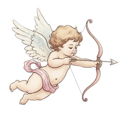 Cherubic angel with wings aiming a bow and arrow in a playful pose, cutout png isolated on transparent bg