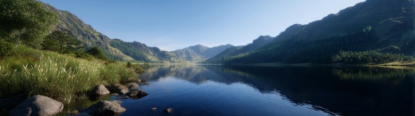 Fototapeta premium Scenic 360 degrees hdr panorama of a serene lake in nature landscape peaceful environment