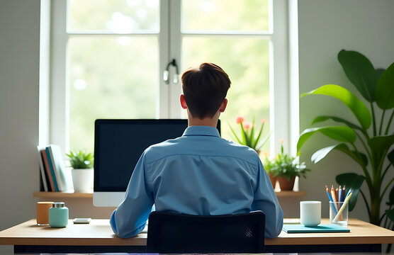 serene office workspace featuring minimalist desk setup warm figure foreground surrounded select