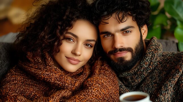 Young diverse couple in cozy knit sweaters sharing intimate moment with coffee cups, warm autumn mood, romantic lifestyle portrait against blurred background. - Powered by Adobe