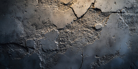 Close-up of cracked and weathered concrete wall texture with dramatic lighting
