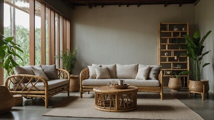 Interior bamboo eco friendly furniture featuring a minimalist living room with a bamboo sofa, matching coffee table, and neutraltoned cushions under soft natural lighting See Less