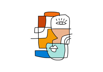 modern cubist abstract illustration of a human face, composed of bold lines, colorful blocks