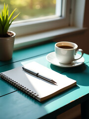 serene desk scene captures teal wooden workspace soft morning light featuring notebook pen lying flat alongside coffee cup