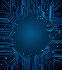AI Tech Blueprint with Glowing Data Lines on a Dark Blue Circuitboard Background

