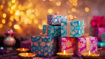 Diwali gift box with diya on celebration bokeh background, 4k video