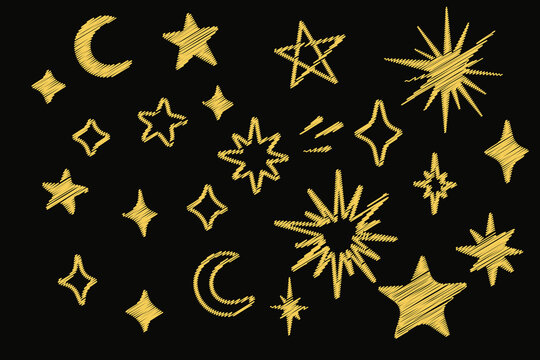 Hand drawn star and moon sketch with crayon hatching