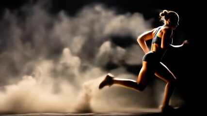 A determined female athlete runs, kicking up a cloud of dust against a dark background. Slow motion, lateral tracking shot. 4K.
