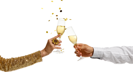 Male and female hands clinking champagne flutes with sparkling wine as golden confetti falls in air on transparent background. Concept of celebration, luxury, festive moment.